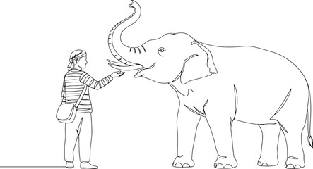 Fototapeta premium Line Art of Person Feeding Elephant | Minimalist Human Animal Interaction Drawing