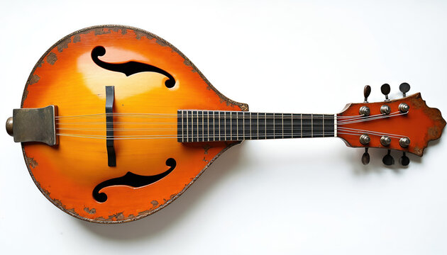 Vintage mandolin with orange finish, weathered wood body. Old stringed instrument with intricate details. Musical instrument with worn texture, classic design. Antique music equipment with rich