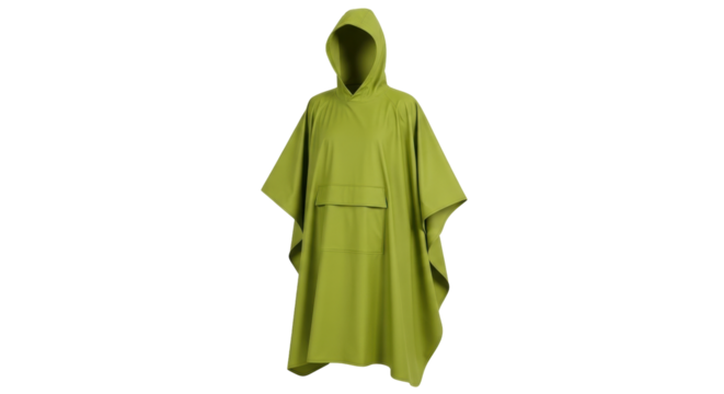 Isolated olive-green rain poncho with hood, front pocket, and sleeves for camping and outdoor adventures