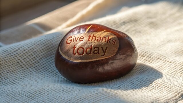 Chestnut with carved message expressing gratitude on linen cloth