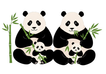 Playful pandas enjoying bamboo in a serene setting