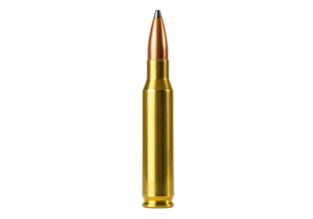 Brass rifle bullet isolated, ammunition for hunting and target practice on a clean backdrop, cartridge with copper jacketed projectile