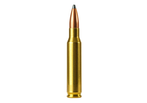 Brass rifle bullet isolated, ammunition for hunting and target practice on a clean backdrop, cartridge with copper jacketed projectile