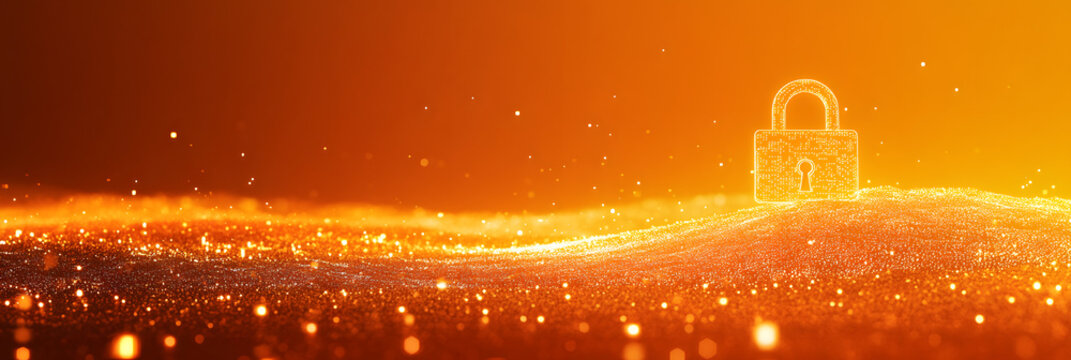 vast sea of shimmering digital data points - a radiant padlock stands as a beacon of cybersecurity and protection wide banner - orange background