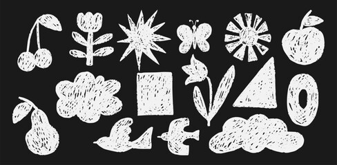 Crayon Naive Hand Drawn White Chalk Doodle Shapes