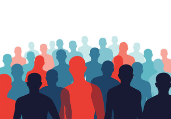 Obraz premium A diverse group of people standing together in silhouette in various shades of blue and red.