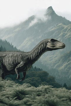 Exploring the primeval landscape with Afrovenator in a prehistoric world of forests and mountains