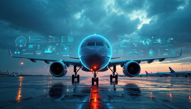 Modern commercial jet aircraft on wet airport runway at twilight under dramatic cloudy sky. Digital holograms display flight data, airport operation info surrounding glowing plane. Future smart