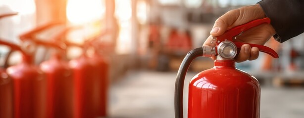 The fire extinguisher held by worker in industrial warehouse ensuring emergency safety preparedness