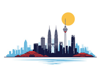 Obraz premium Modern skyline featuring prominent city buildings under a bright sun.