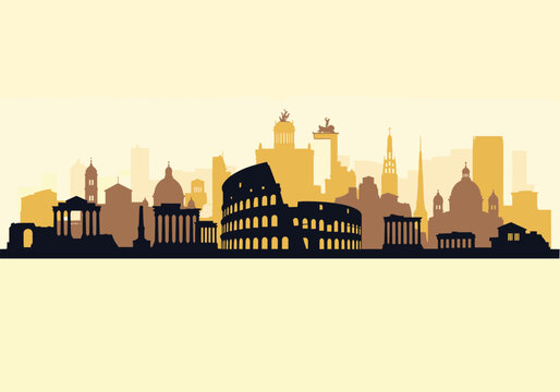 A silhouette of Rome's iconic skyline featuring ancient ruins and modern buildings.