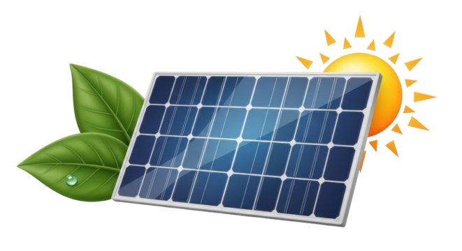 Isolated Solar Panel with Leaves and Sun Symbolizes Green Energy Sustainability Future