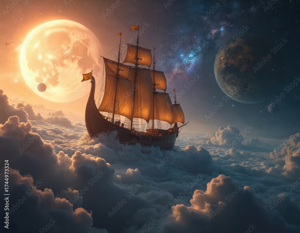 Wall mural Vessel sails through cosmic clouds. Ship with sails floats on fog. Glowing moon and planets in space background. Stars and galaxy in distance. Fantasy scene with sailing boat in nebula.