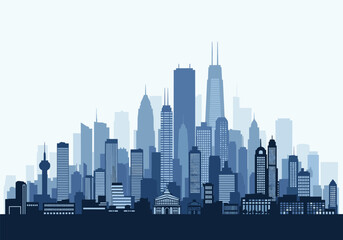 Naklejka premium A modern city skyline silhouette with tall buildings and skyscrapers in shades of blue.