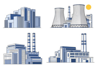 Naklejka premium Modern industrial factory buildings with tall chimneys and cooling towers under a bright sun.