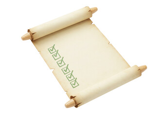 Old paper scroll with green check marks isolated, ancient parchment for checklist and to-do list design element