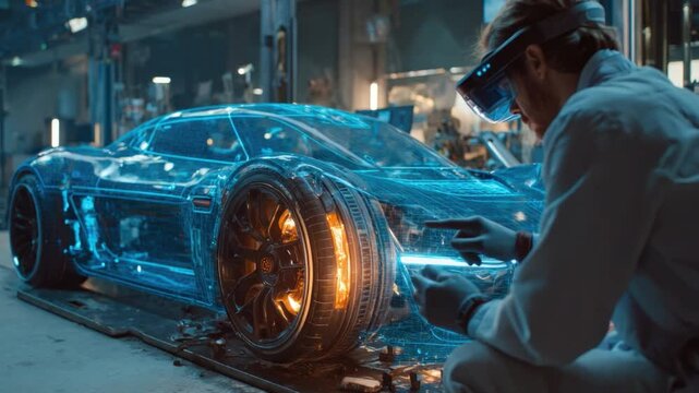 Futuristic Auto Design with Engineer in VR Headset Working on Transparent Sports Car Prototype in Modern Automotive Workshop Environment