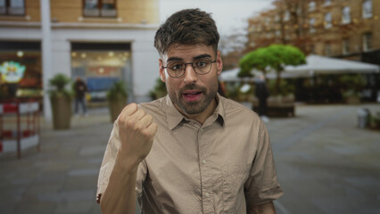 Man wearing glasses raising fist and shouting with open mouth on busy city street, storefront...