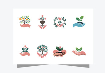 Hand holding tree logo nature, growth, and environmental care. health care icon vector design 