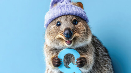 Obraz premium A cute quokka wearing a purple knitted hat holds a blue letter Q against a light blue background. The quokka has a cheerful expression and round features.