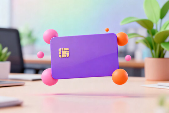 Purple credit card with floating spheres
