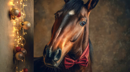 A brown horse wearing a red bow tie stands against a textured background adorned with Christmas ornaments and fairy lights. The scene conveys a festive atmosphere.