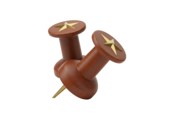 Two wooden push pins with golden star isolated on transparent background, office supply for bulletin board and notice board