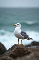 Naklejka premium Seagull rests on rock by ocean shore. Water splashes on sea coast with waves and clouds. Wild bird watches sea with orange beak. Nature scene.