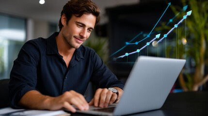 A man is typing on a laptop in front of a graph