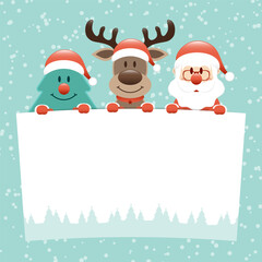Baum Rentier Und Weihnachtsmann Halten Schild Schnee Türkis