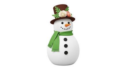 Isolated seasonal winter snowman with top hat and green scarf for a festive holiday