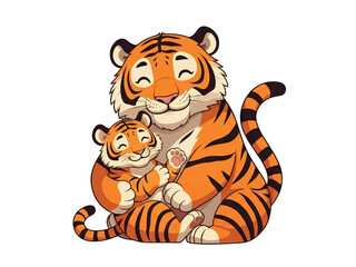 Playful cartoon tigers cuddling in a joyful scene