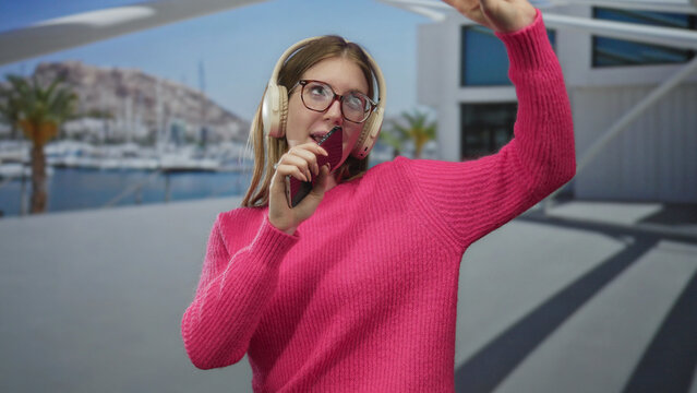 Woman wearing pink sweater headphones and glasses holds phone to mouth and raises hand at building; fun.