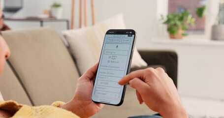 Hands, phone screen and planning holiday in home with scroll, info or organizer on web in living room. Person, smartphone and search for travel, booking or vacation on mobile app for tourism in house