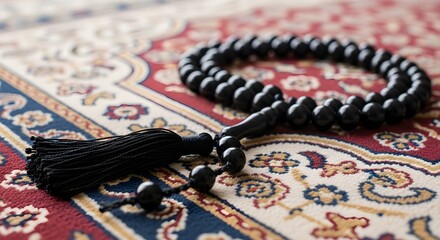 A string of black prayer beads lies on a traditional patterned fabric, representing faith, meditation, and spiritual practice, with intricate designs highlighting the significance of devotion and cult