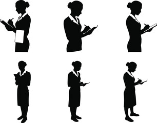 Female professional silhouettes, clipboard writing, formal attire, office posture, documentation task, business gesture, workplace scene, skirt, blouse, observation