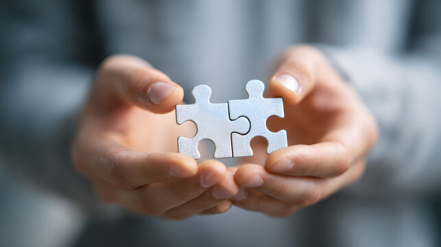 Hands Connecting Two Interlocking Puzzle Pieces