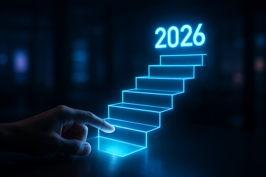 Businessman's hand reaching out to the first step of a glowing staircase leading to the year 2026, symbolizing career development, business progress, and ambitious goal achievement
