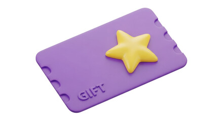 Isolated purple gift card with yellow star present for promotion or greeting, 3D render