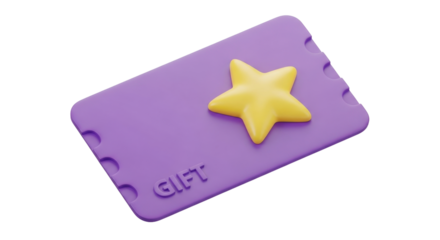 Isolated purple gift card with yellow star present for promotion or greeting, 3D render