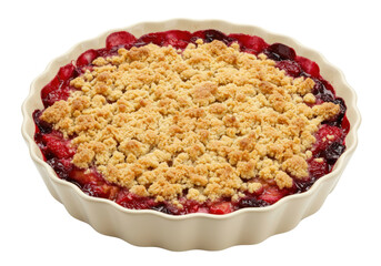 Delicious plum and berry crumble in a baking dish isolated, homemade dessert with fruit filling and crispy topping