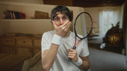 Wide eyed young man in white shirt and wristbands holds tennis racket with hand covering mouth in...