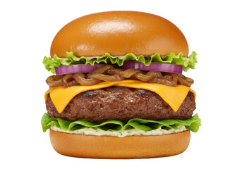 Delicious burger with cheese and caramelized onions isolated, a mouthwatering fast food meal for restaurant menu and advertising