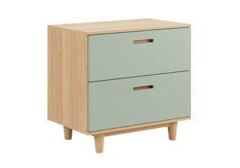 Modern two-drawer nightstand isolated on white, light wood bedside table with sage green drawers for bedroom furniture