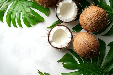 Fresh Coconuts, Split and Whole, with Monstera Leaves on White Textured Background