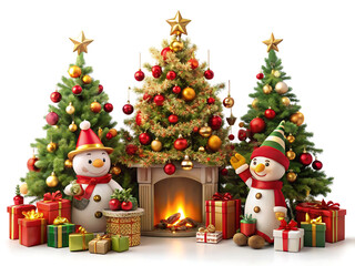 Three decorated christmas trees with presents and two snowmen in front of a fireplace, festive holiday scene