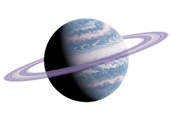 Blue gas giant planet with rings isolated on transparent PNG, celestial body with swirling clouds and planetary ring system for space exploration © Laura