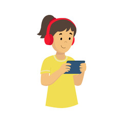 The girl wearing headphones and playing a video game or studying online. 