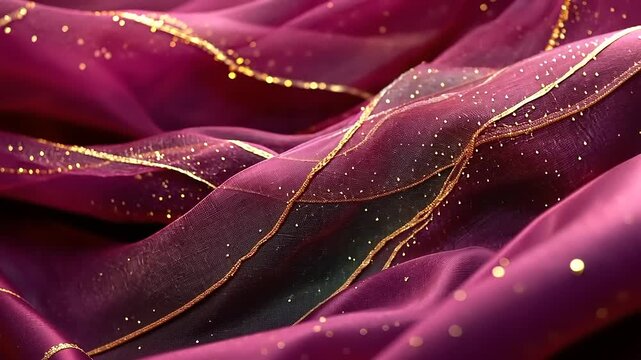 Elegant shimmering ruby fabric waves with flowing golden threads background video