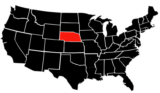 Map of the United States of America in a clean black silhouette, with the state of Nebraska highlighted in a bold red color for emphasis